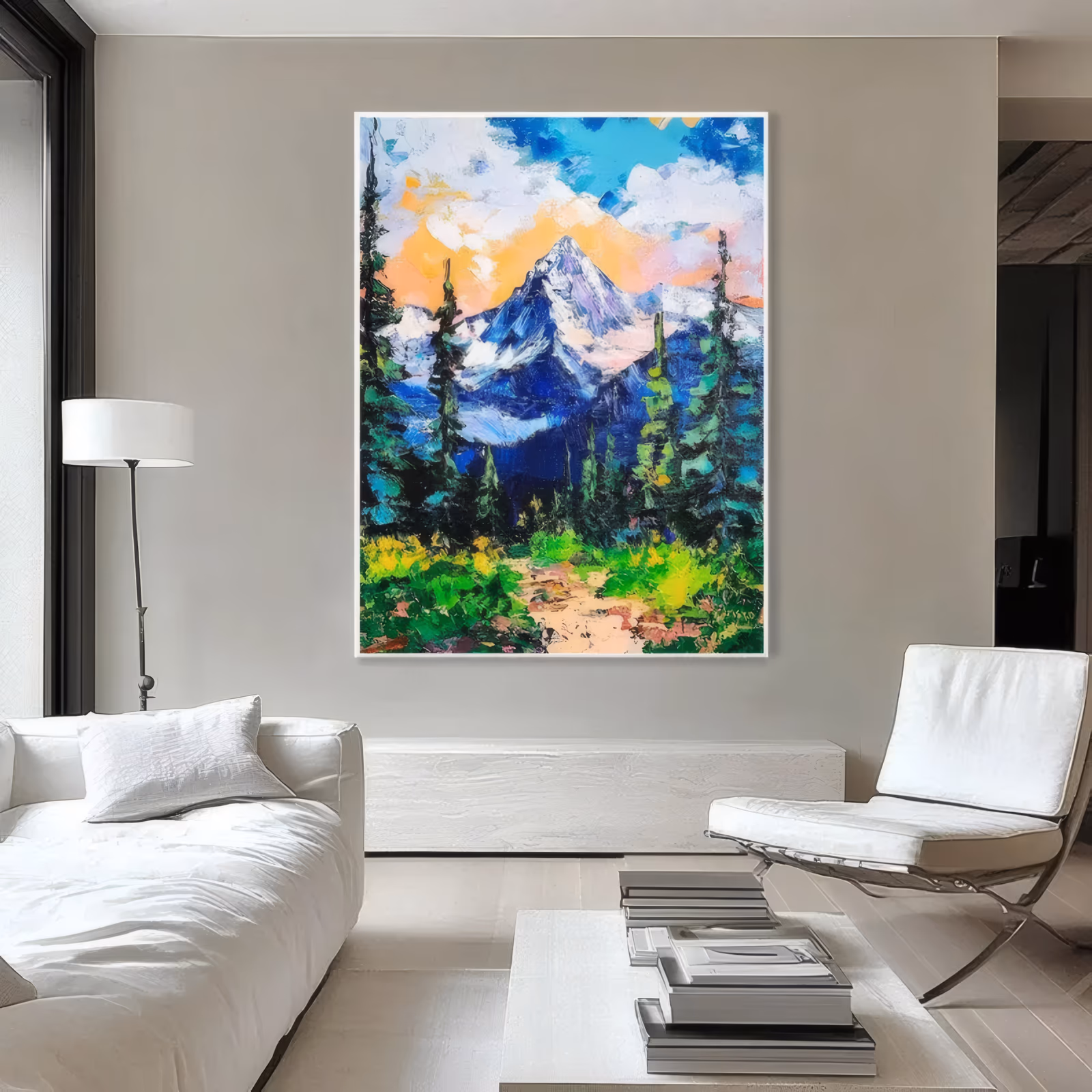 a large vertical impressionist canvas of a white snow-capped peak set between tall dark pine trees, with a green and yellow flower meadow below and peach clouds in a blue sky, in thick palette-knife acrylic