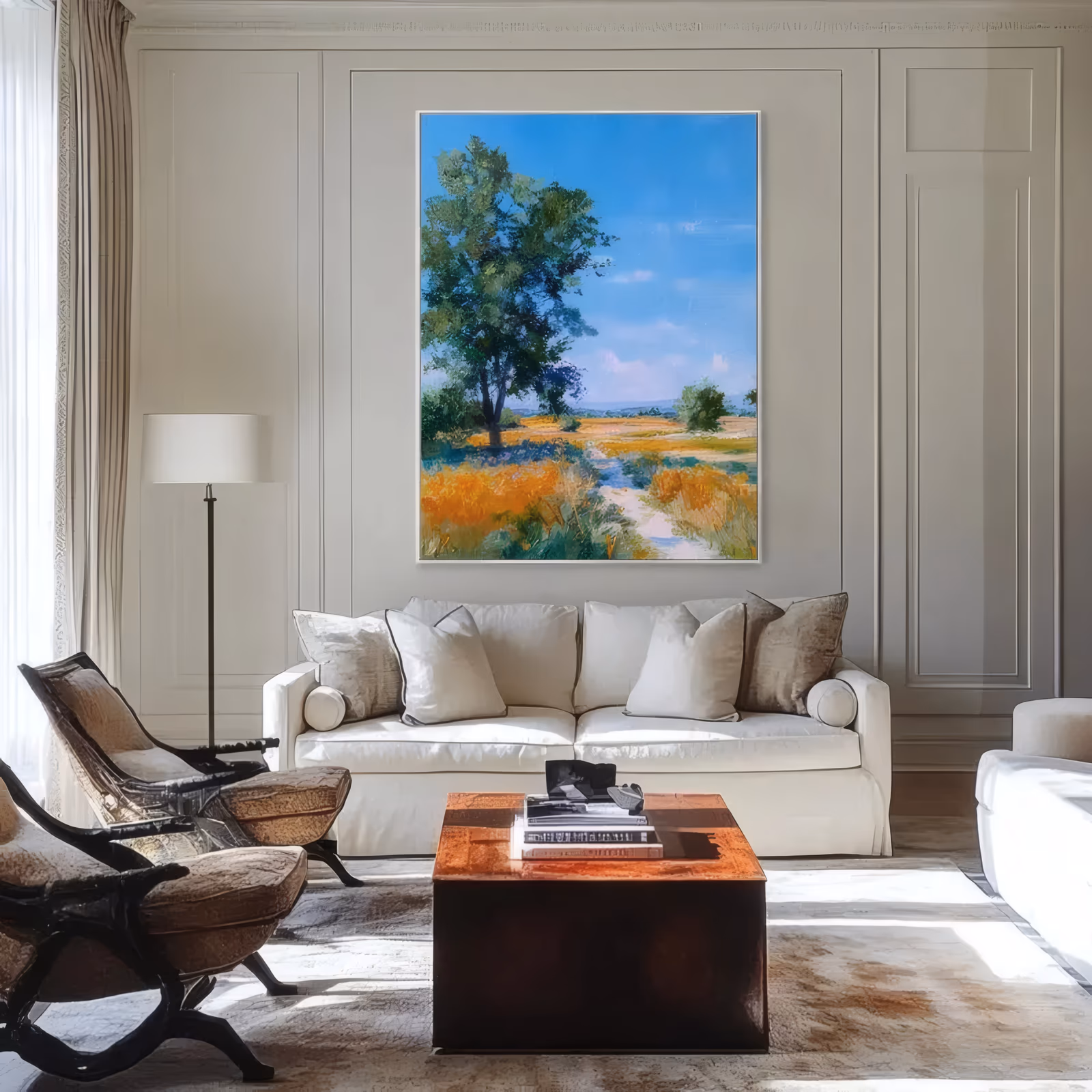 a large vertical impressionist painting of a broad green tree beside a pale path cutting through an orange summer meadow, with a low horizon and clear blue sky above, in thick palette-knife oil