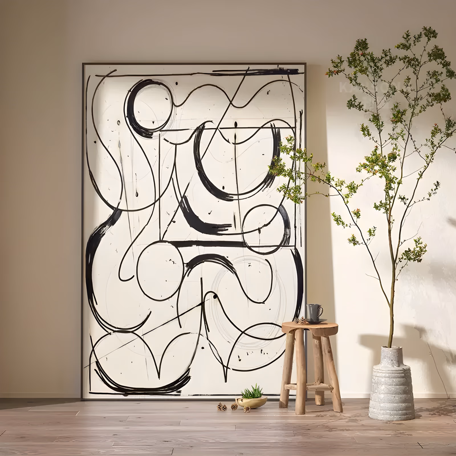 a large vertical minimalist painting of black brush-drawn loops and squiggles curving over a soft beige ground, with faint pencil circles and thin ruled lines beneath them, in flat hand-painted acrylic