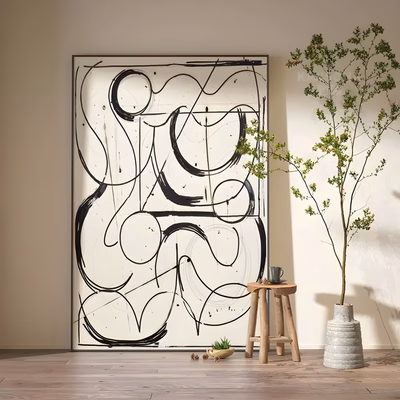 a large vertical minimalist painting of black brush-drawn loops and squiggles curving over a soft beige ground, with faint pencil circles and thin ruled lines beneath them, in flat hand-painted acrylic