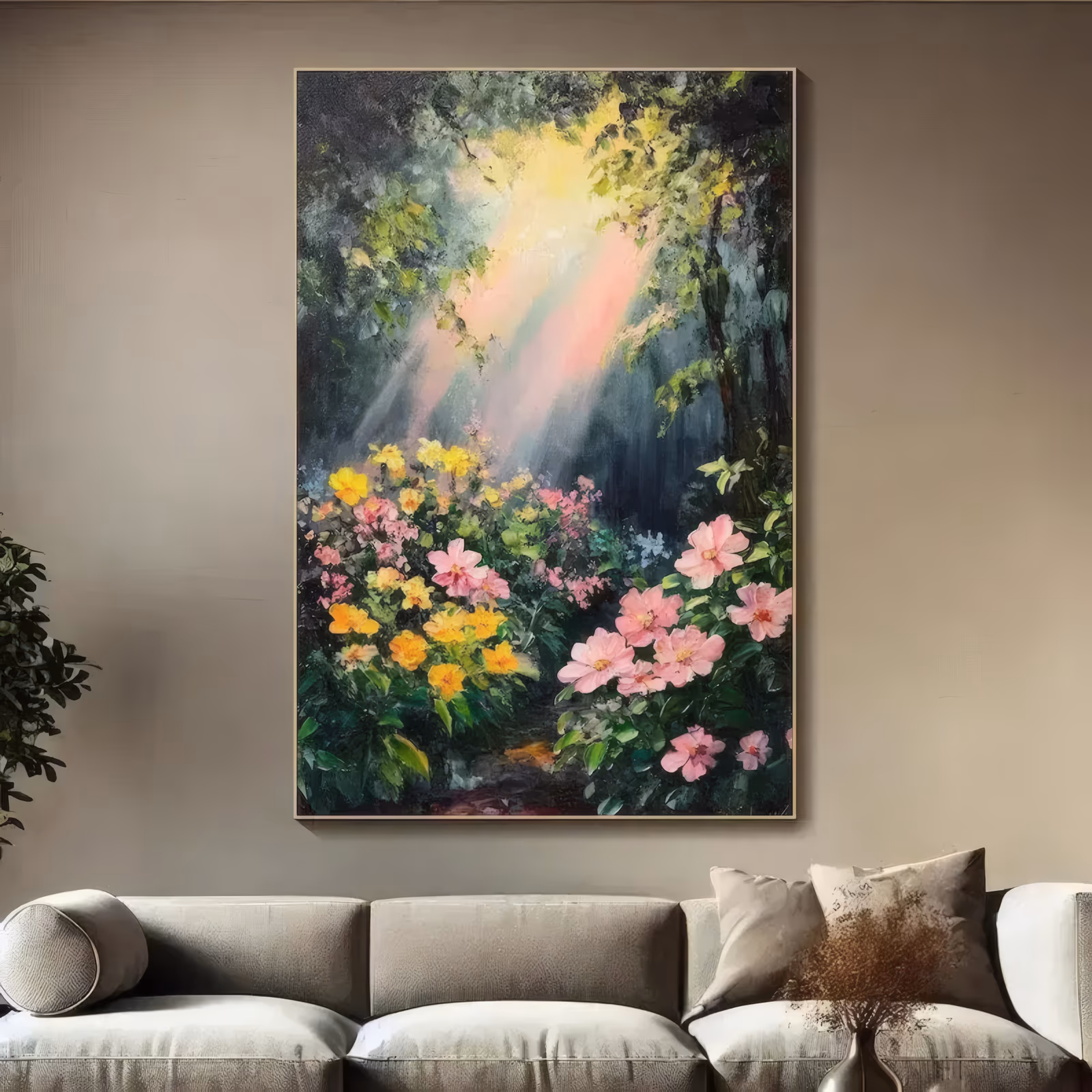 a large vertical impressionist painting of sunbeams falling through dark forest trees onto a bank of pink and yellow garden flowers, deep green leaves below, in thick hand-painted oil