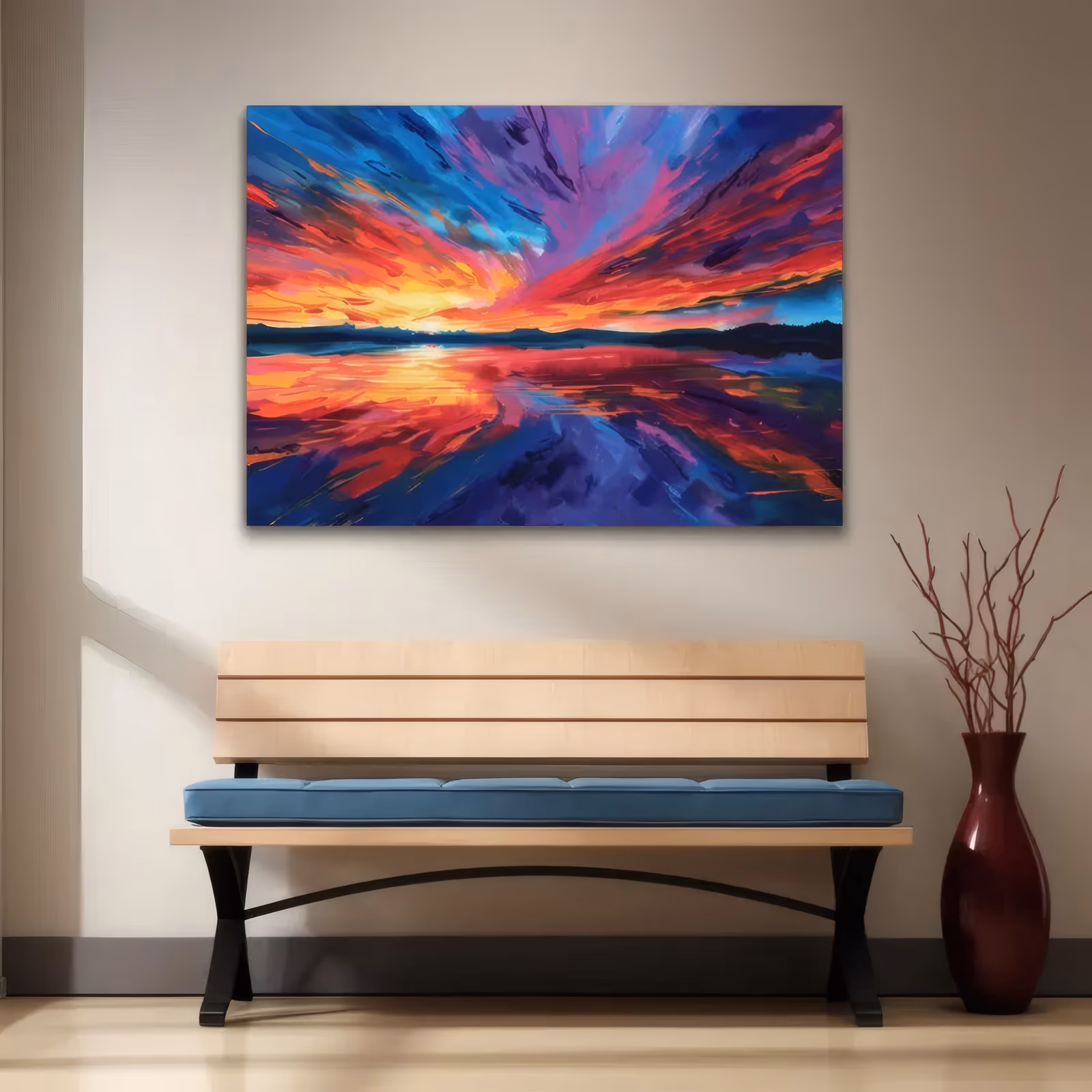 a wide horizontal expressive painting of a sunset sky streaked in red, orange, magenta and violet above a dark treeline, with the same colors mirrored in the still lake below, in bold brushed acrylic