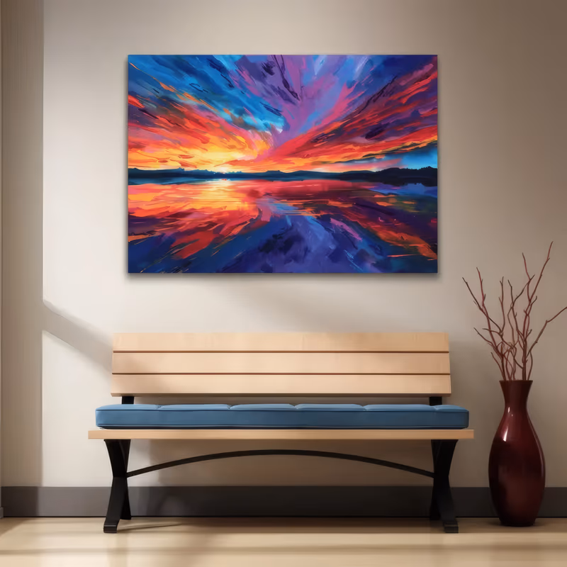 a wide horizontal expressive painting of a sunset sky streaked in red, orange, magenta and violet above a dark treeline, with the same colors mirrored in the still lake below, in bold brushed acrylic