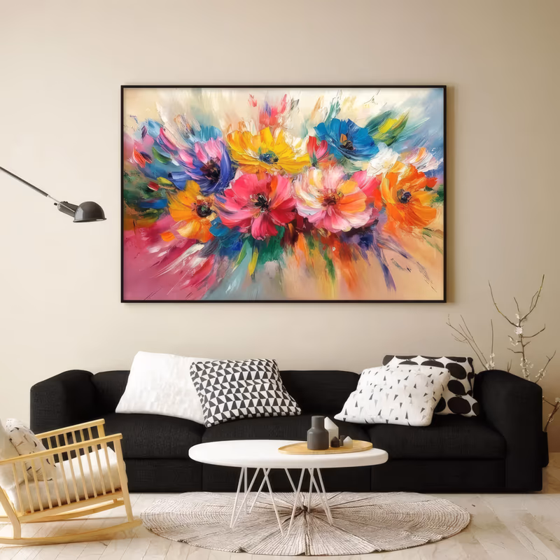 a wide horizontal palette-knife painting of a row of open anemone and poppy blooms in pink, orange, yellow and blue, their petals spreading from a green and magenta center over a cream ground, in thick oil
