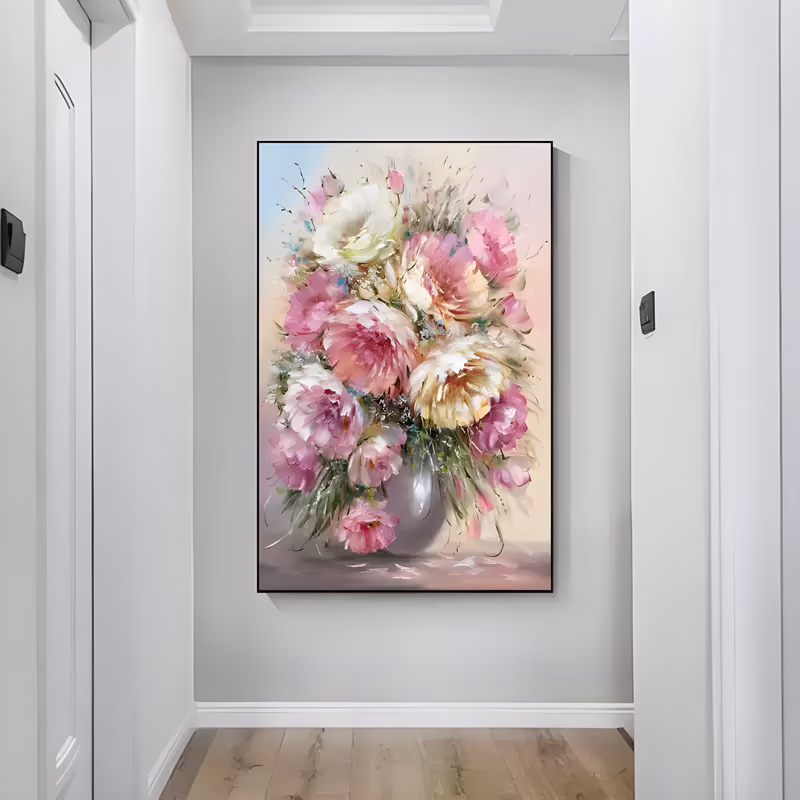 a large vertical impressionist painting of pink and white peonies with cream centers massed above a small silver-gray vase, thin stems and paint flecks scattering out to the edges, in thick worked oil