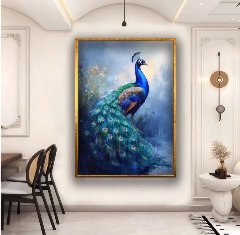 a large vertical impressionist painting of a blue peacock standing in profile, its long green and teal eye-feather tail trailing to the lower edge, among pale blossoms in a misty blue-gray garden