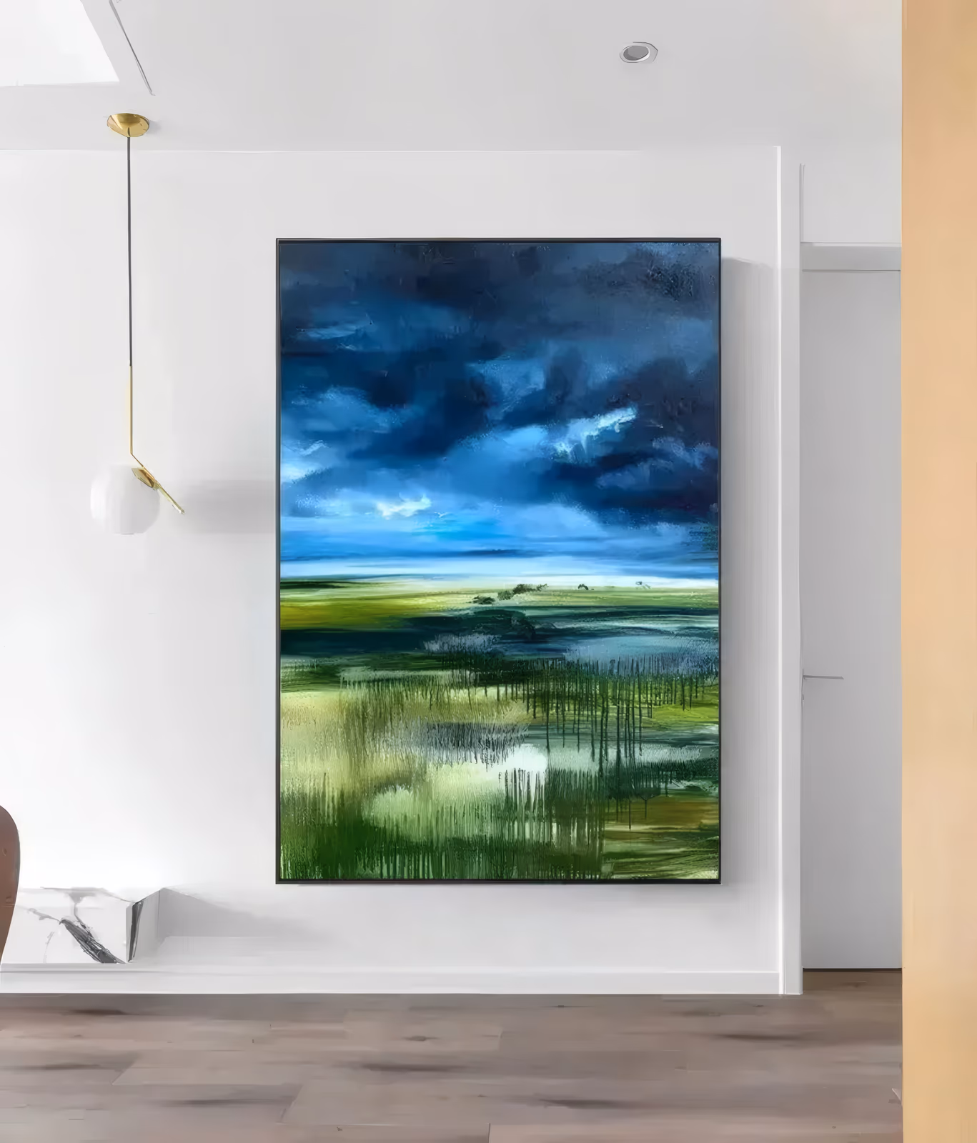 a large vertical painting of dark navy storm clouds massed over a bright green marsh, thin dripped strokes standing in for reeds along the waterline, in smooth oil with fine poured detail