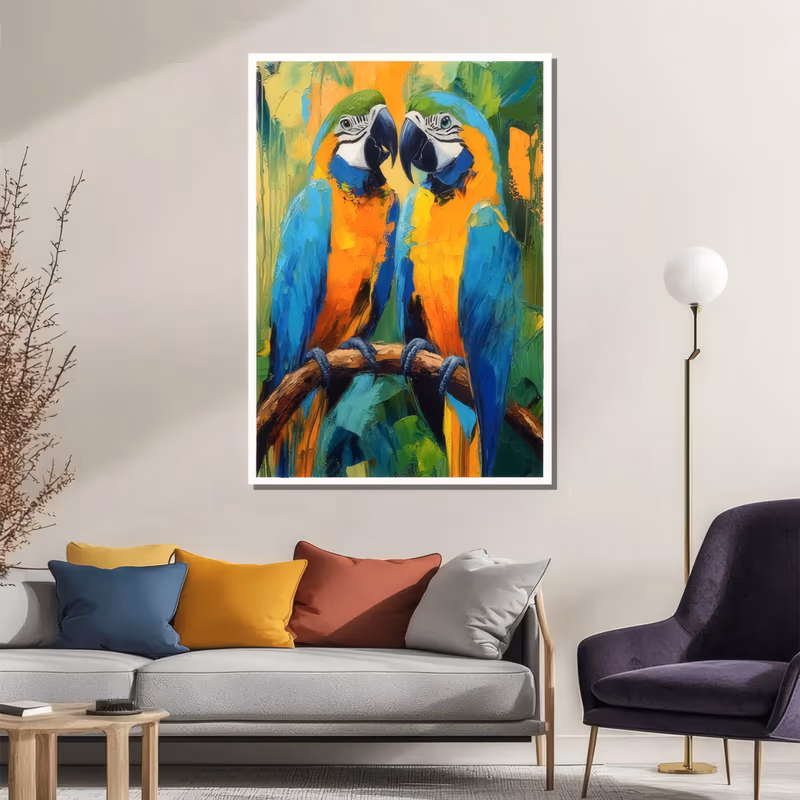 a large vertical palette-knife painting of two blue and gold macaws perched face to face on a brown branch at the center, orange breasts and turquoise wings, against loose green and yellow foliage