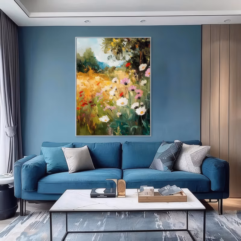 a tall impressionist painting of white and pink cosmos flowers with red poppies in a golden summer meadow, a dark tree canopy above and a patch of blue sky behind, in thick impasto