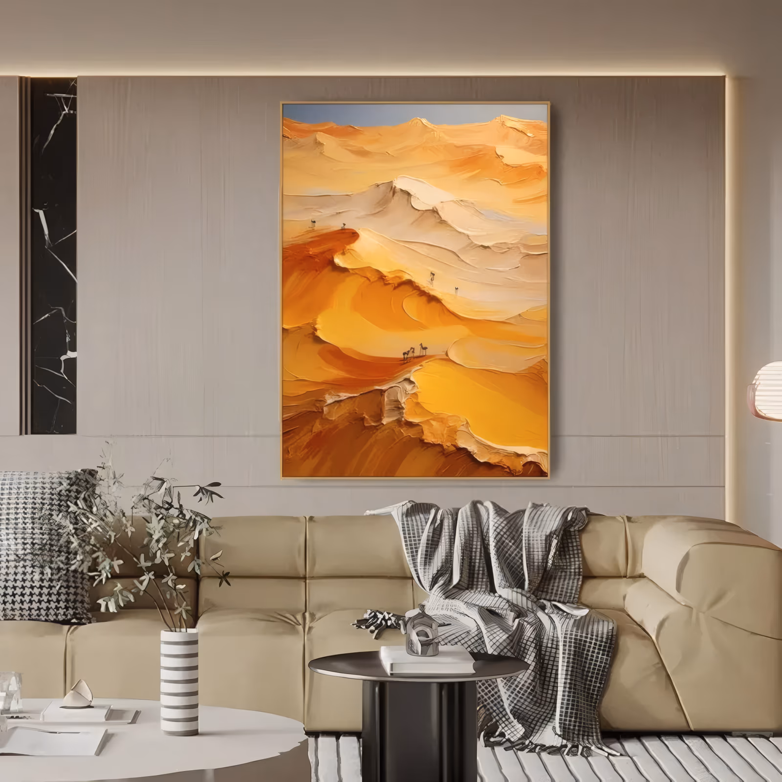 a large vertical textured landscape painting of orange and gold sand dunes rolling toward a pale sky, with a tiny camel caravan crossing the center ridge, worked in thick palette-knife oil