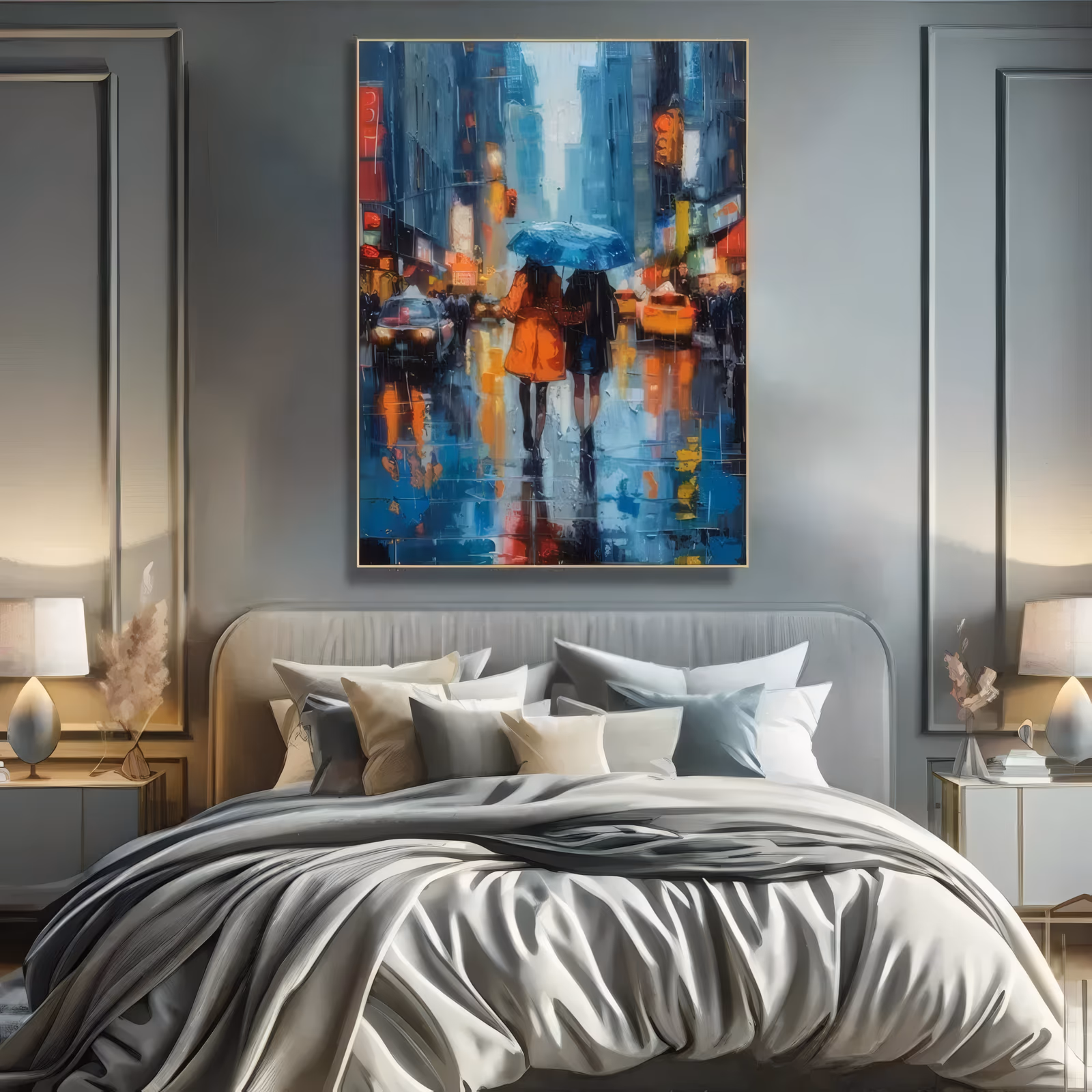 a tall impressionist painting of a couple walking away under a blue umbrella on a wet city street, the woman in an orange coat, with a yellow taxi and neon reflections, in thick palette-knife paint