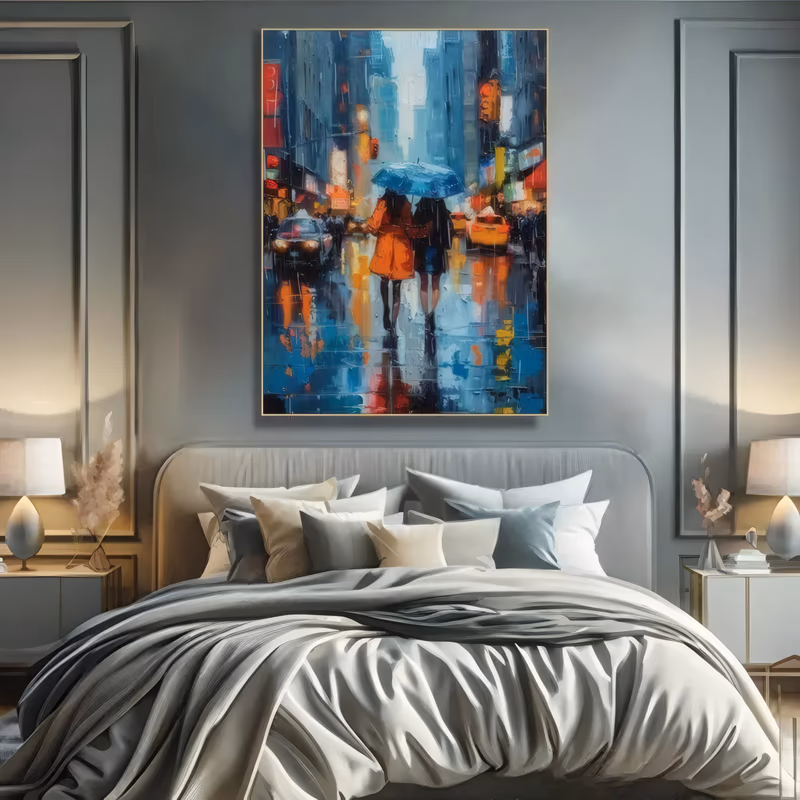 a tall impressionist painting of a couple walking away under a blue umbrella on a wet city street, the woman in an orange coat, with a yellow taxi and neon reflections, in thick palette-knife paint
