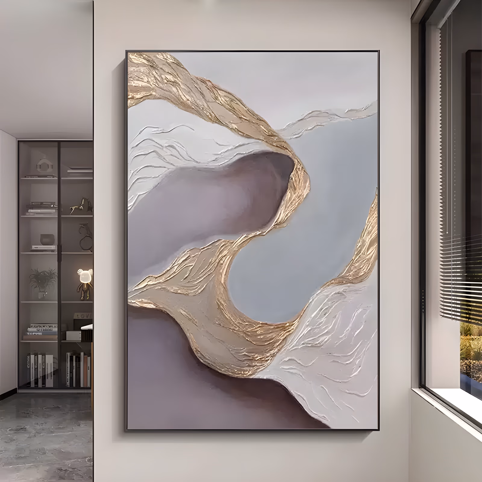 a large vertical textured abstract painting of a thick gold and cream ridge curling through the center of a soft gray-mauve and white field, built in raised plaster relief with sculpted ripples
