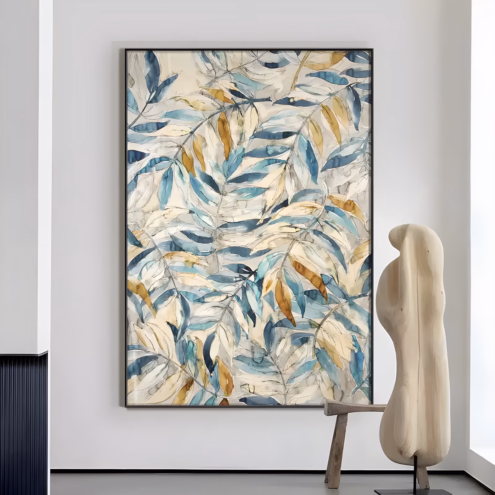 a large vertical botanical painting of overlapping fern fronds filling the frame in teal, slate blue, mustard ochre and cream on a warm beige ground, in thin watercolor-style washes with fine ink outlines