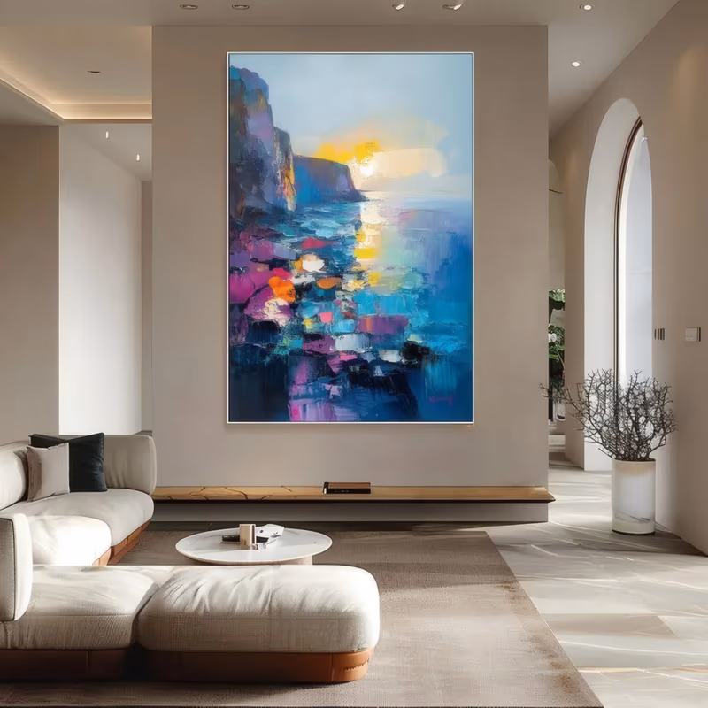 a tall impressionist painting of a sea cliff at sunset, with magenta, orange and turquoise knife-cut rocks at the lower left and a yellow sun low over blue water, in heavy impasto