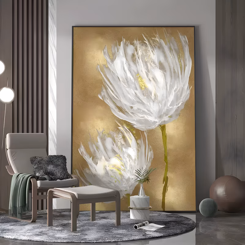 a large vertical floral painting of two shaggy white blooms with fringed petals and pale yellow hearts on curving olive stems, set against a flat burnished gold ground in hand-painted acrylic