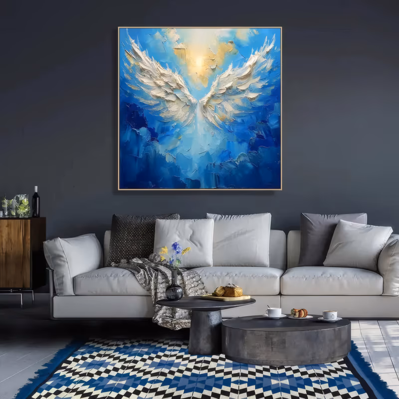 a large square impasto painting of a pair of white angel wings spread wide from a burst of golden light at the top center, set on a blue sky worked in broad palette-knife strokes
