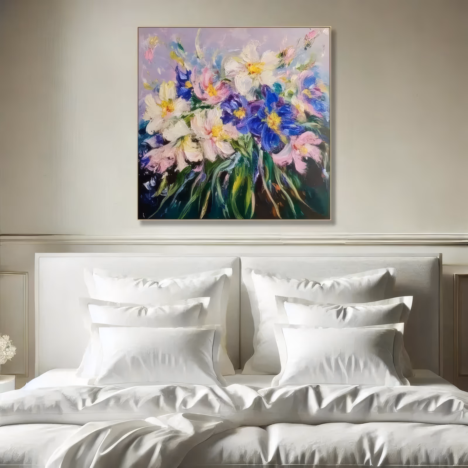 a large square impressionist floral of white peonies, deep violet irises and pale pink blooms with green leaves, on a soft mauve ground, in thick palette-knife impasto