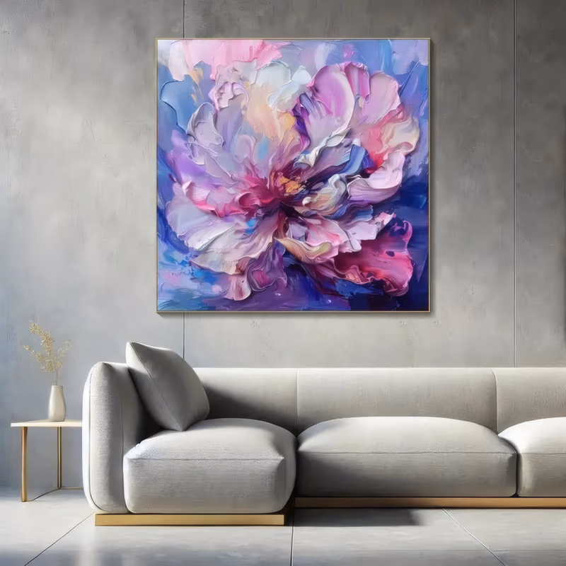a large square palette-knife painting of one open peony filling the frame, its lilac, pink and white petals curling out from a magenta and gold center over a deep blue and violet ground, in thick sculpted paint