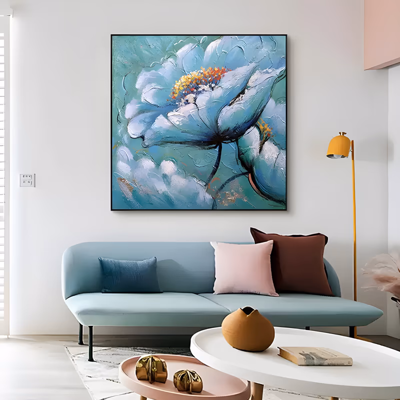 a large square floral painting of one wide pale blue peony with white petals and a yellow and orange stamen center, opening to the left over a deep teal ground, in heavy palette-knife oil