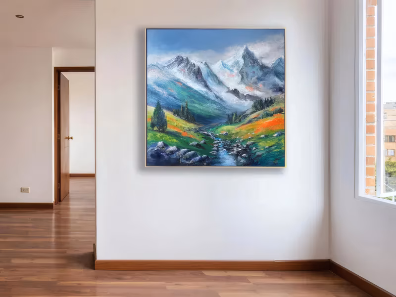 a large square impressionist painting of snow-capped peaks above a green alpine meadow, a rocky stream running down the center and orange wildflowers on the slopes, in hand-painted oil with knife texture