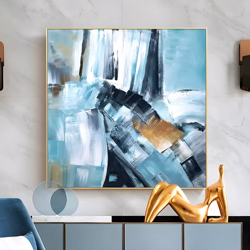 a large square abstract painting built from wide teal, aqua, white and black palette-knife strokes stacked in blocks, with one gold ochre patch just right of center, in thick dragged oil paint