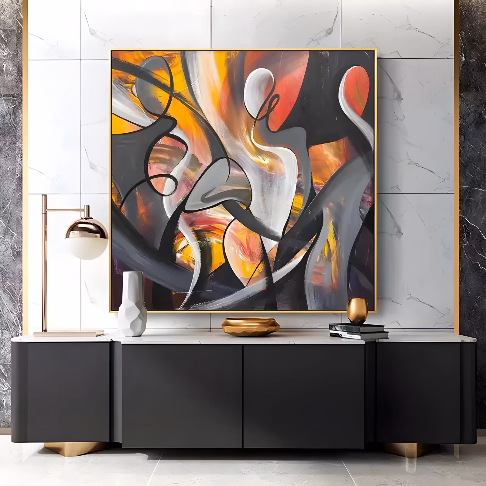 a large square abstract painting of white and gray dancing figures moving between long black curved lines, over a ground of orange, yellow and red with two red ovals at the top, in brushed oil