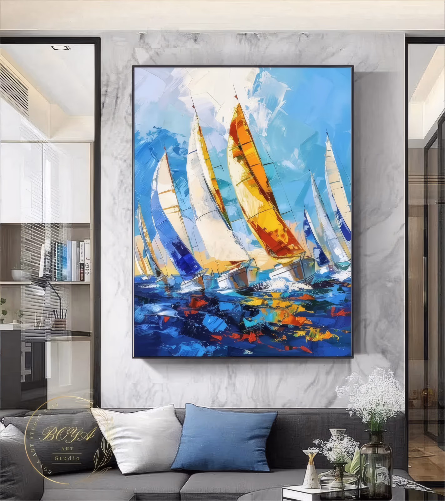 a large vertical impressionist marine painting of six sailboats heeling under white orange and yellow sails, cutting through choppy cobalt water flecked with red and turquoise, in bold palette-knife slabs
