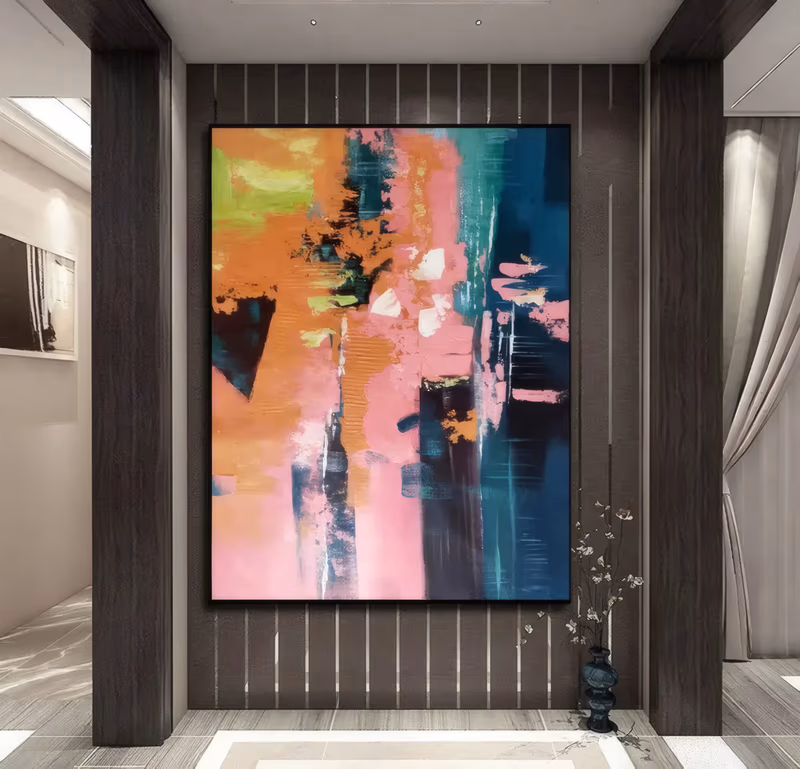 a large vertical abstract painting of stacked vertical blocks in coral orange, hot pink, deep teal and navy with lime green accents, the paint dragged and scraped into a ridged knife surface