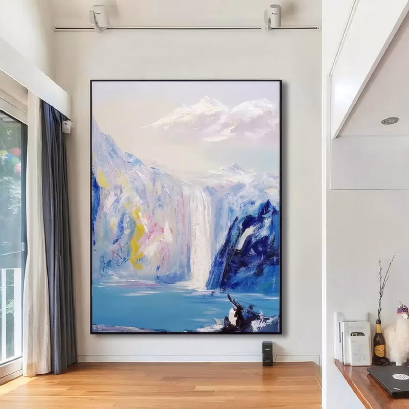 a large vertical impressionist painting of a white waterfall dropping between pale blue and lilac mountains into a turquoise lake, with yellow and pink streaks in the rock, in thick palette-knife acrylic