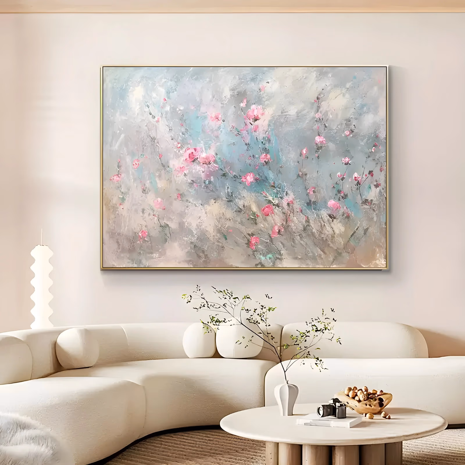 a horizontal impressionist canvas of small hot pink wildflowers scattered on thin stems over a misty gray, cream and pale turquoise field, the background scraped and dragged in thin textured paint