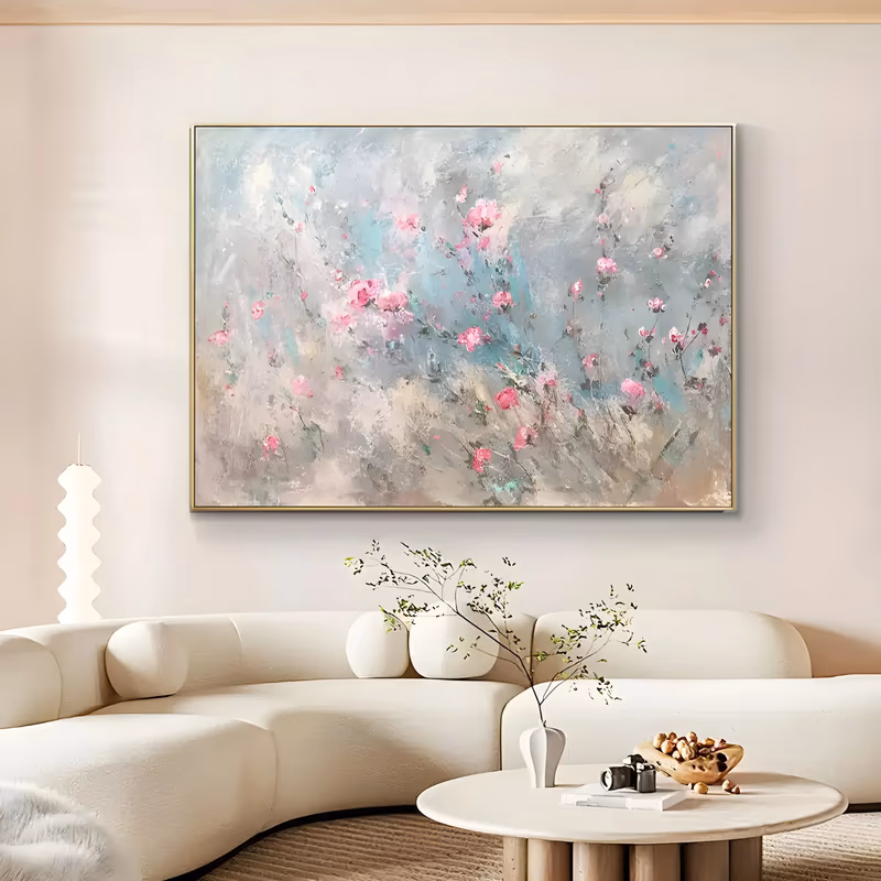 a horizontal impressionist canvas of small hot pink wildflowers scattered on thin stems over a misty gray, cream and pale turquoise field, the background scraped and dragged in thin textured paint