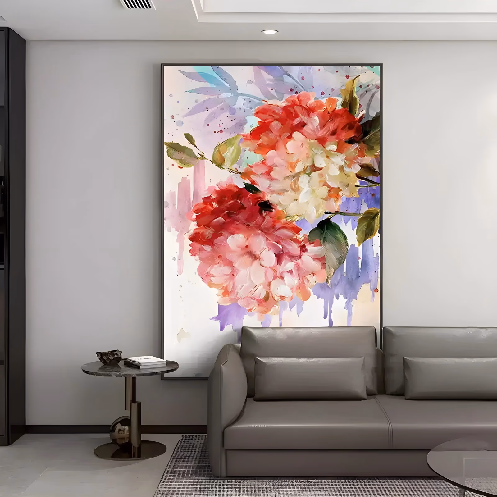 a large vertical watercolor-style painting of two hydrangea heads in the center, red petals fading to cream at their edges, dark green leaves around them and lilac drips running to the lower edge, in thin acrylic washes