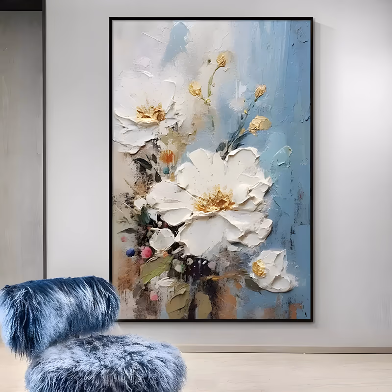 a large vertical impasto floral painting of white blossoms with gold-flecked centers opening at the lower left of the frame, set on a pale blue and cream ground with dark leaves, in thick knife-loaded oil