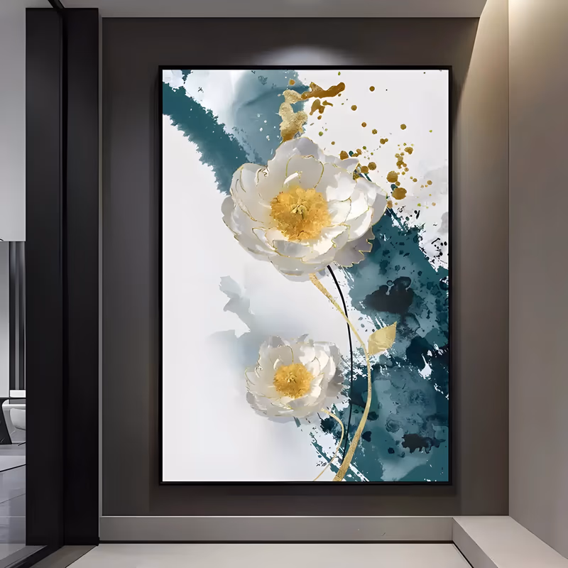 a large vertical floral painting of two white peonies with gold-lined petals and gold centers on a curving stem, set over teal ink washes and gold spatter on a bare white ground in acrylic