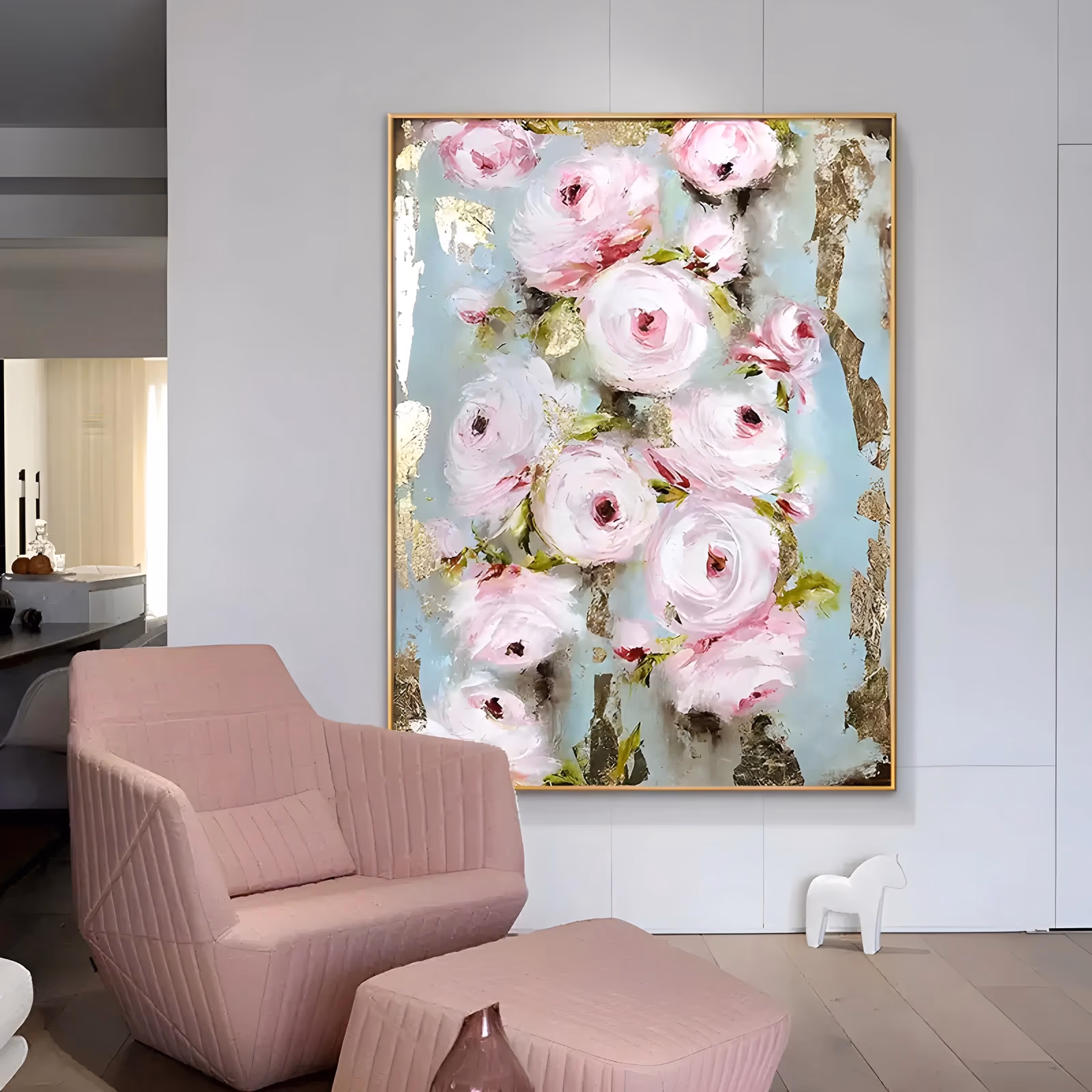 a large vertical floral painting of pale pink and white ranunculus heads scattered over a soft sky-blue ground, with olive leaves and torn gold leaf panels behind them, built in thick knife-laid paint