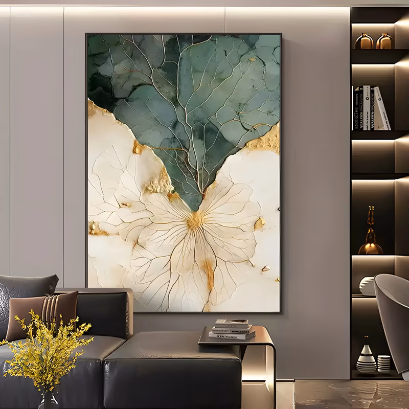 a large vertical abstract painting of a green marbled leaf form at the top, its pale veins branching down into an ivory fan of fine radiating lines below, with gold cracks along the join, in relief plaster