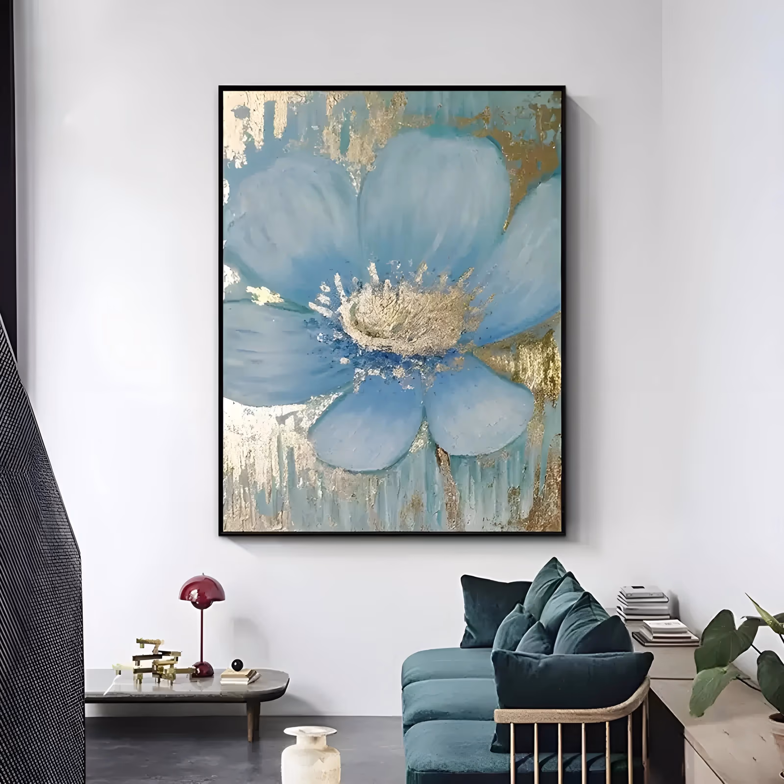 a large vertical painting of a single pale blue anemone-like bloom filling the frame, its shaggy gold-leaf center catching the light, on a teal ground streaked with dripping gold leaf, in soft brushed oil