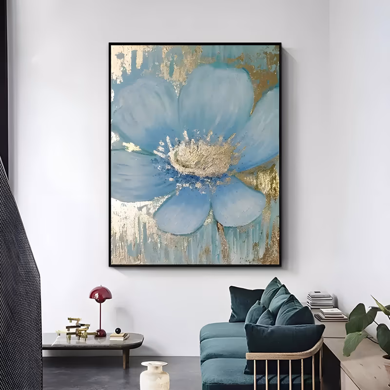 a large vertical painting of a single pale blue anemone-like bloom filling the frame, its shaggy gold-leaf center catching the light, on a teal ground streaked with dripping gold leaf, in soft brushed oil