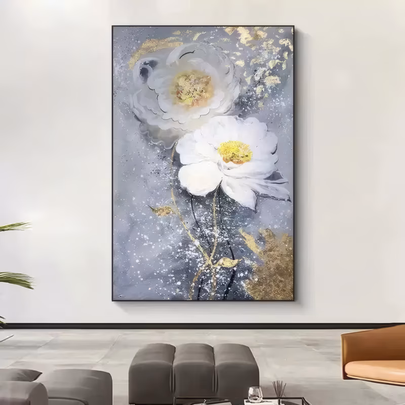a large vertical floral painting of two white peonies with yellow-green centers stacked on the upper half, over a gray ground scattered with gold leaf and fine white speckles in thick impasto
