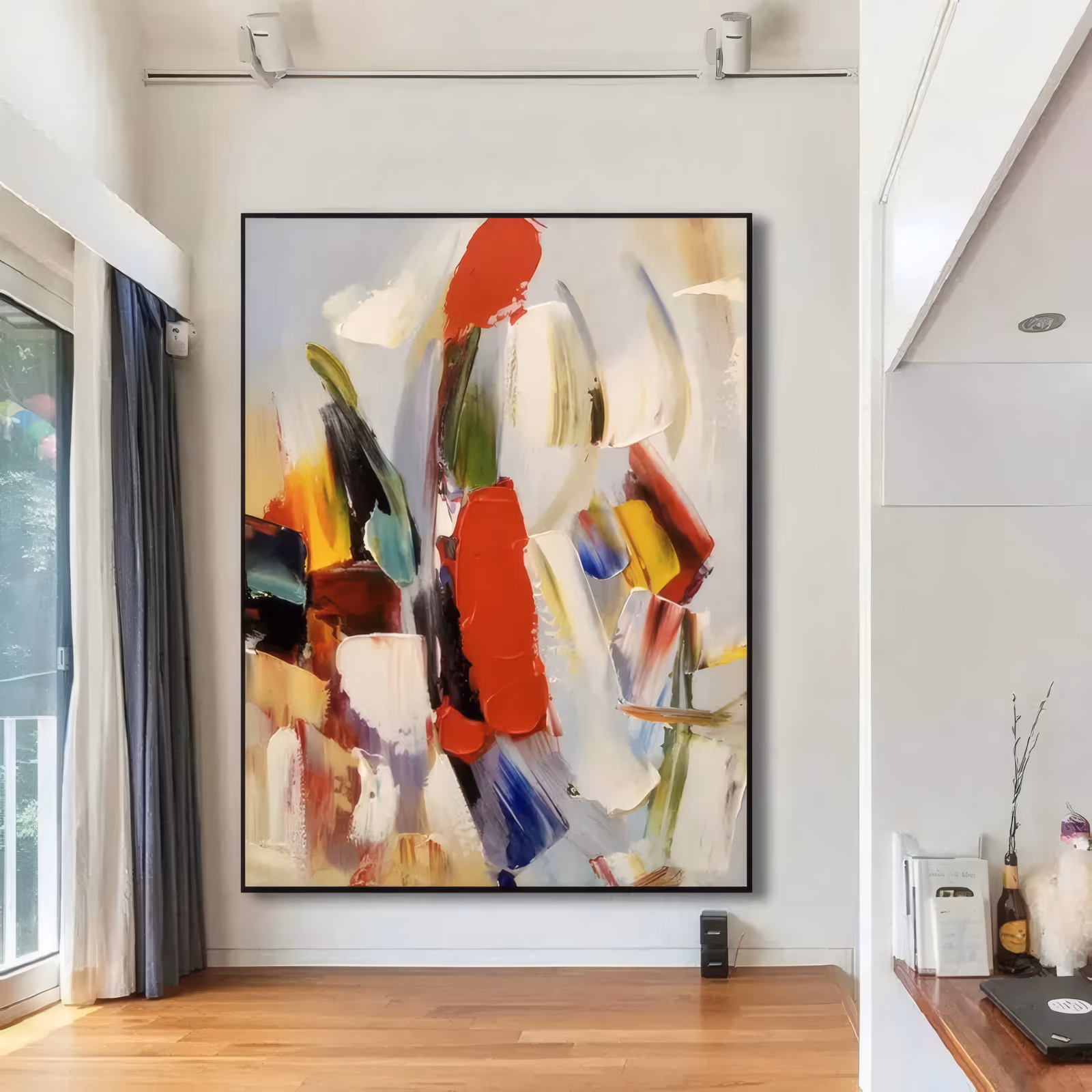 a large vertical abstract painting of broad palette-knife strokes in crimson red, cream white, emerald green, mustard yellow and black over a soft gray ground, in ridged thick oil paint