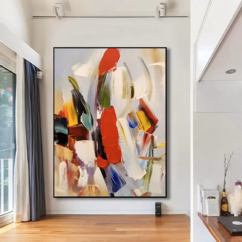a large vertical abstract painting of broad palette-knife strokes in crimson red, cream white, emerald green, mustard yellow and black over a soft gray ground, in ridged thick oil paint
