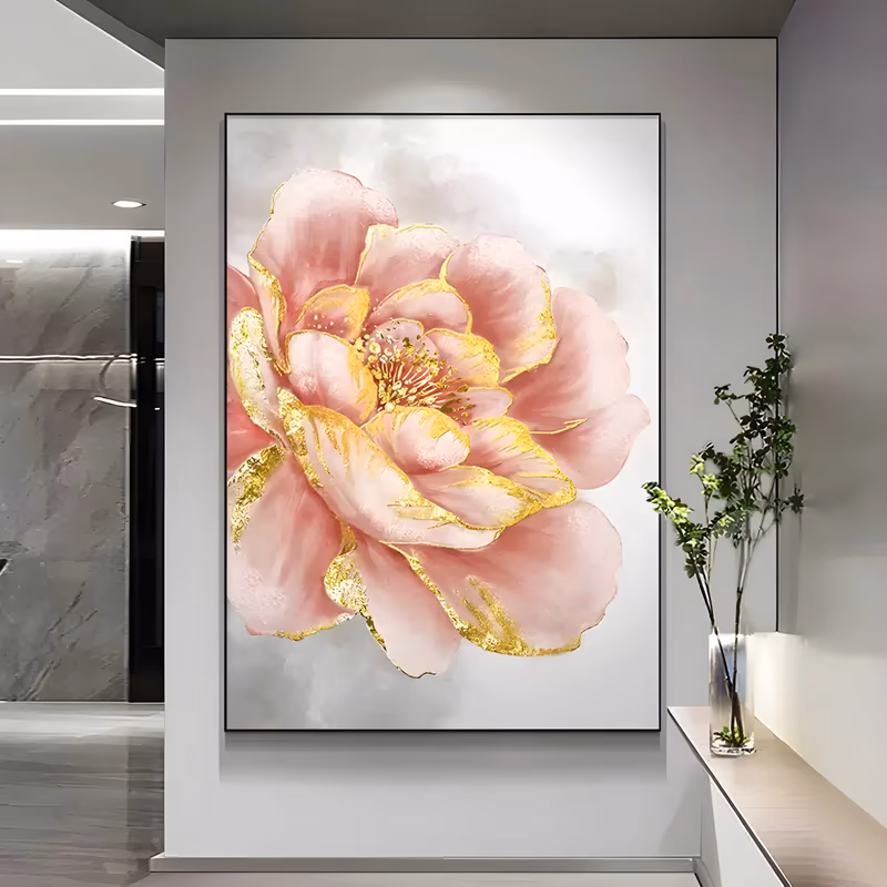 a large vertical realist floral painting of one wide pale pink peony filling the frame, its overlapping petals outlined and veined in metallic gold, on a soft gray and white marbled ground, in thin oil with gold leaf