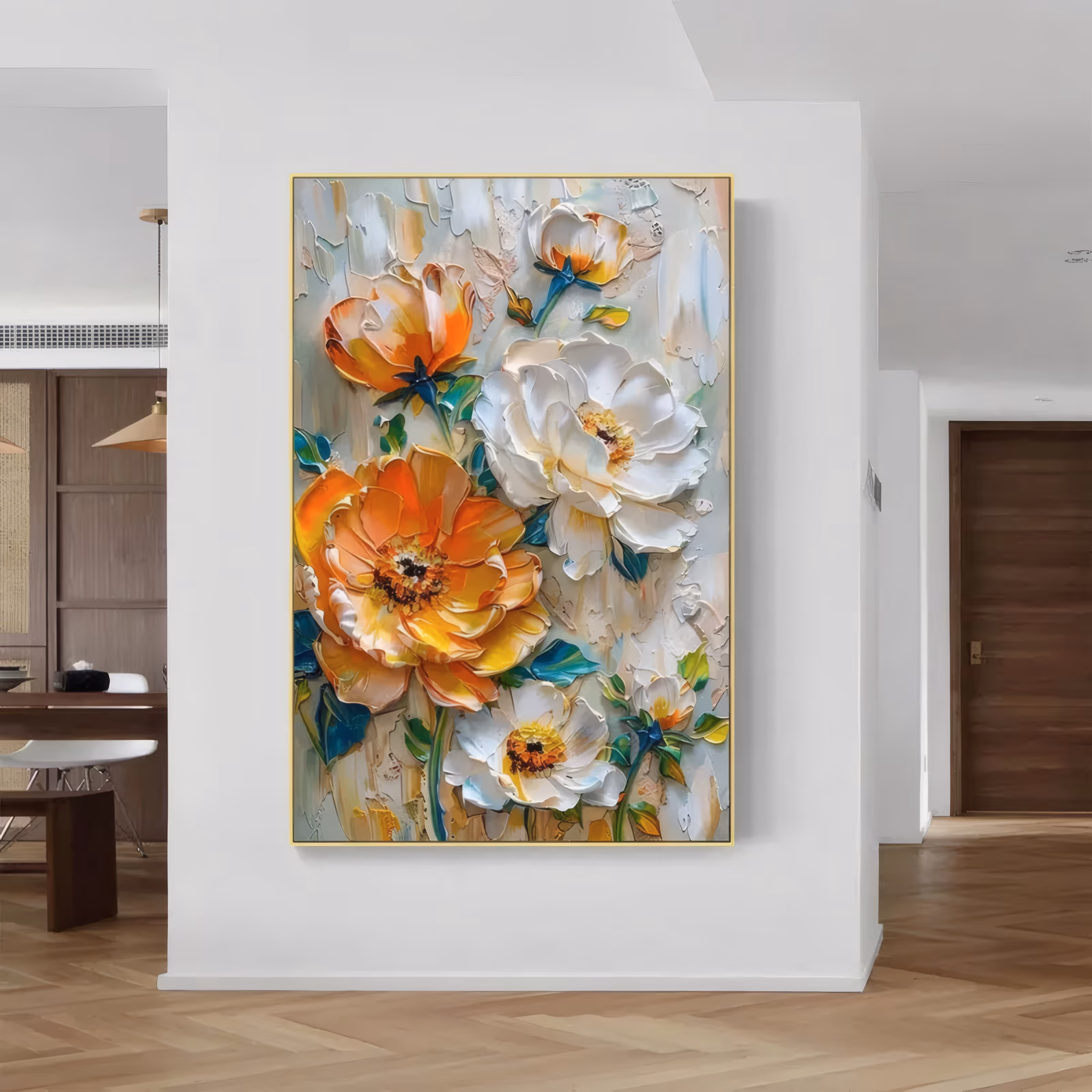 a large vertical textured floral painting of orange and white peonies opening over a pale cream ground with teal leaves between them, petals built in thick knife-laid paint