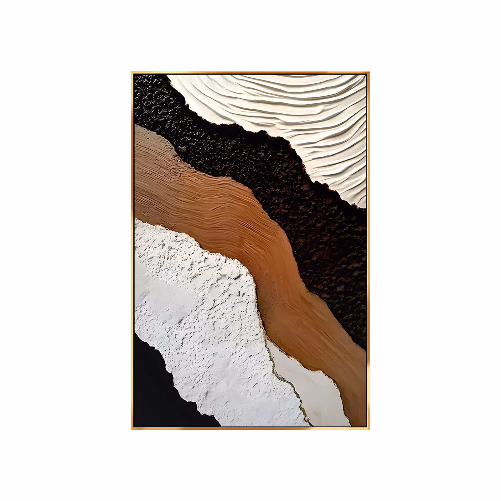 a large vertical relief painting of four diagonal bands, combed cream ridges at the top, a gritty black seam, a smooth rust brown river and a crust of rough white plaster in the lower half
