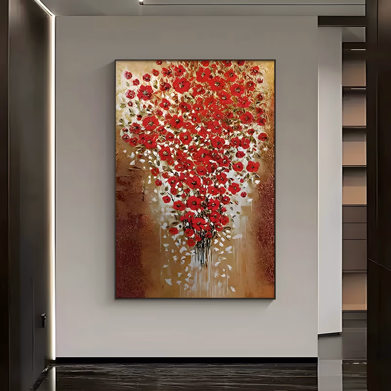 a large vertical floral painting of a dense mass of small scarlet blossoms in the upper half, shedding white petals down a mottled gold and rust ground, worked in thick raised paint