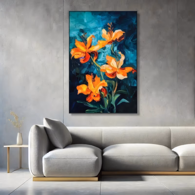 a large vertical floral painting of three tangerine orange lilies with curling petals and yellow stamens, rising on green stems from the lower right against a dark teal and navy ground, in loose palette-knife oil