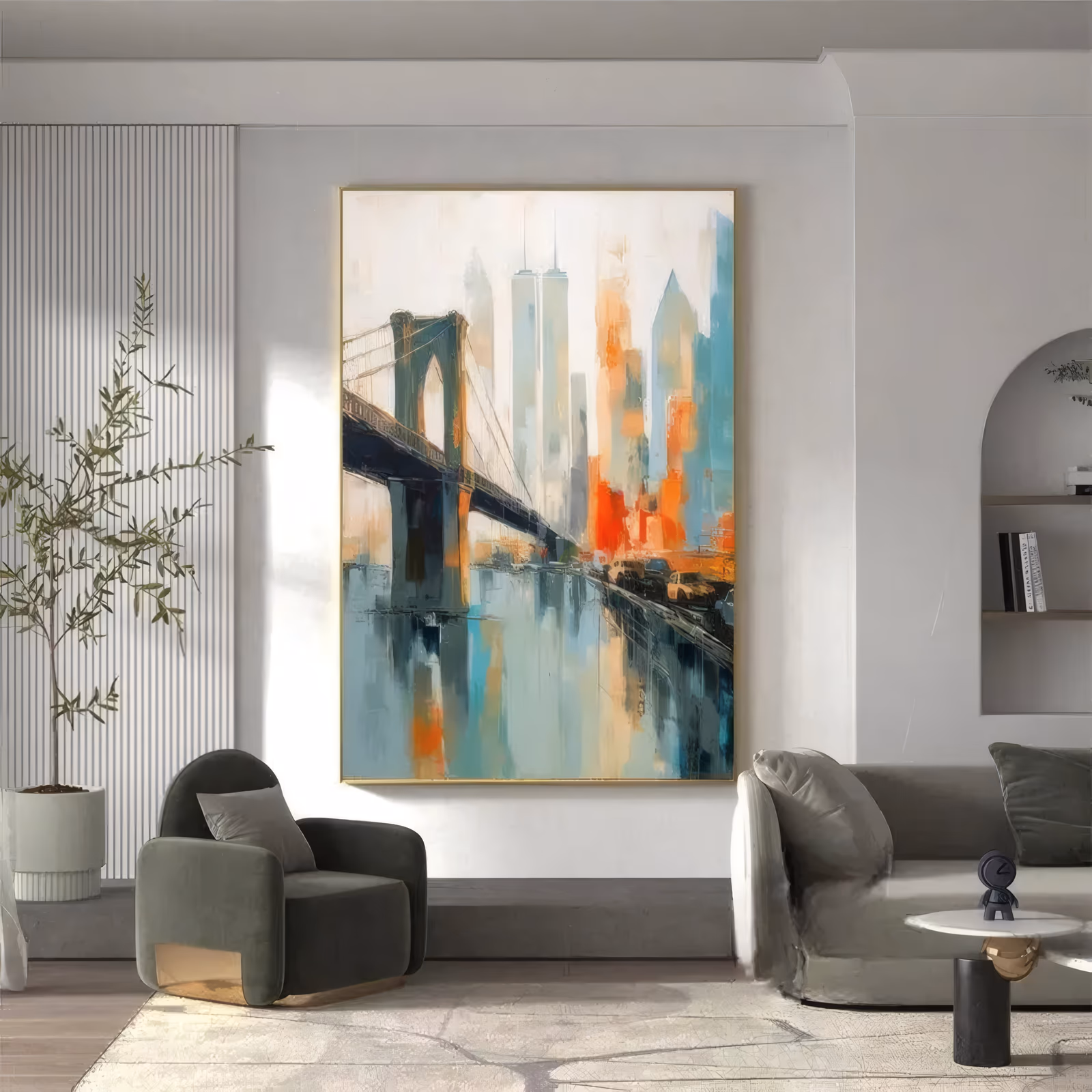 a large vertical impressionist painting of the Brooklyn Bridge on the left with the Manhattan skyline behind it in teal, orange and cream, the towers and traffic mirrored in the water below, in acrylic