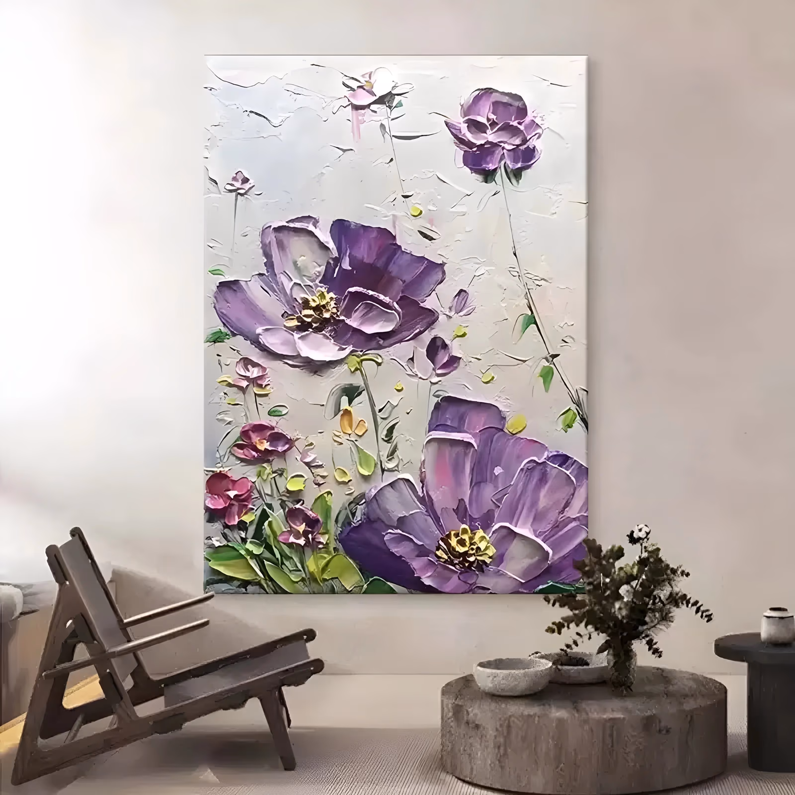 a large vertical relief painting of two open violet poppies with gold centers at lower right and upper left, small pink and magenta buds and green leaves below, sculpted in raised plaster on a soft gray ground