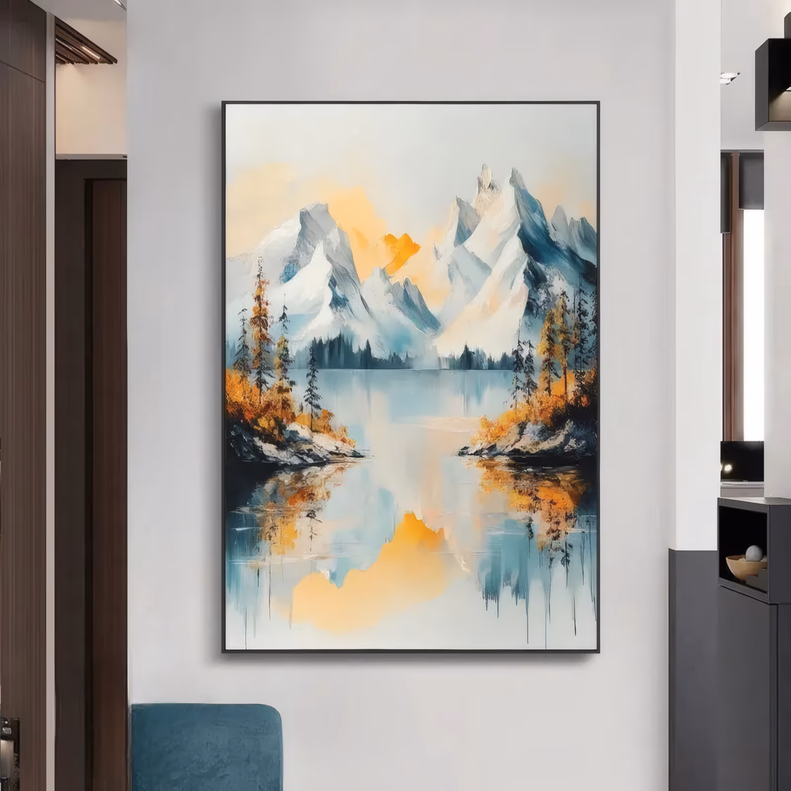 a large vertical impressionist mountain painting of white snow peaks and orange sky above a still teal lake, amber autumn pines on both shores and their reflections running into loose drips, in thin brushed acrylic